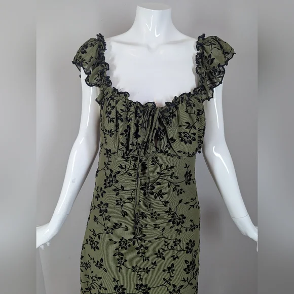 Green Floral Milkmaid Mini Dress Ruffle Tie Front Cottagecore Grunge M Shein - Picture 3 of 7